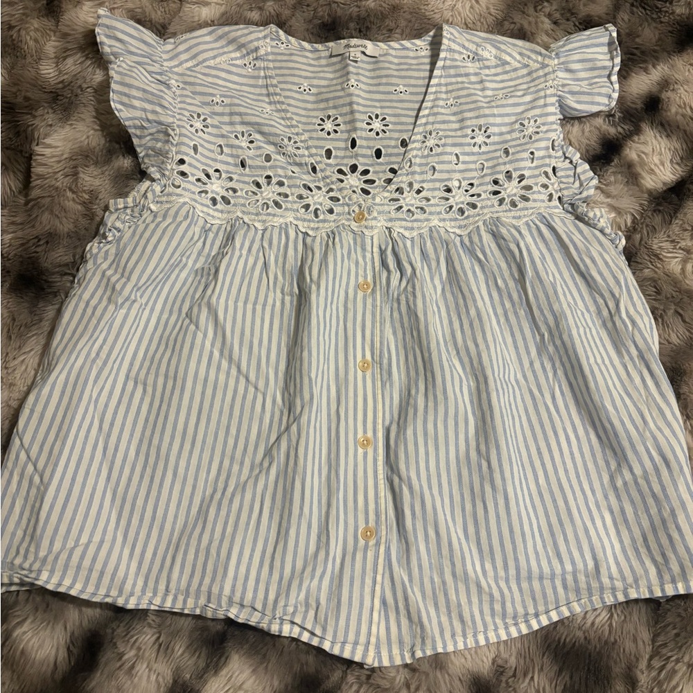 Madewell Blue and White Eyelet Striped Top